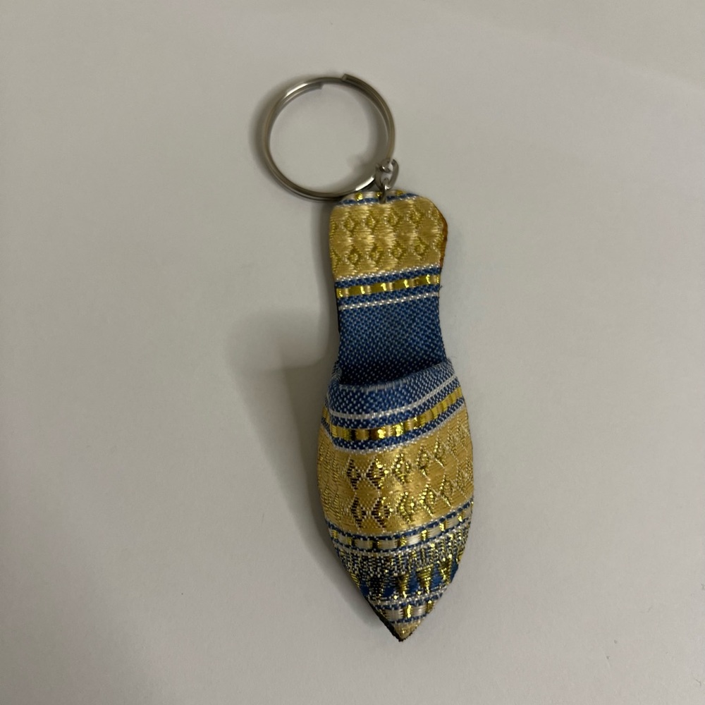 Mini Moroccan Slipper Keychain | Blue & Gold Fabric Charm